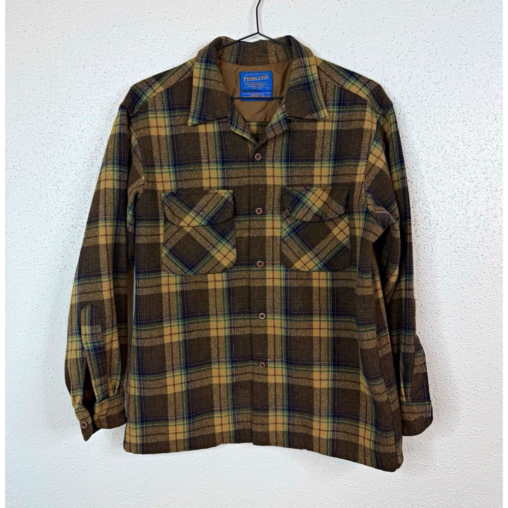 Pendleton Men's Wool Flannel Plaid Button-Up Shirt Brown Green Blue Size M